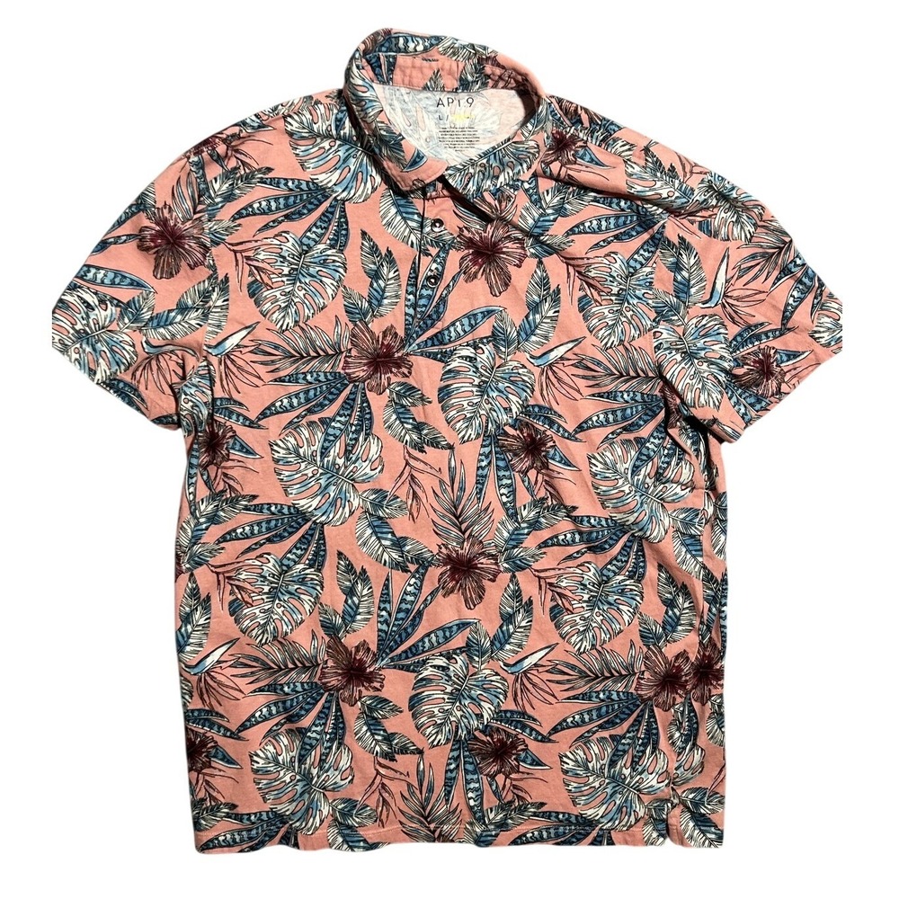 APT. 9 Women's L/G Pink Tropical Floral Polo‎ Shirt Short Sleeve Collared Cotton